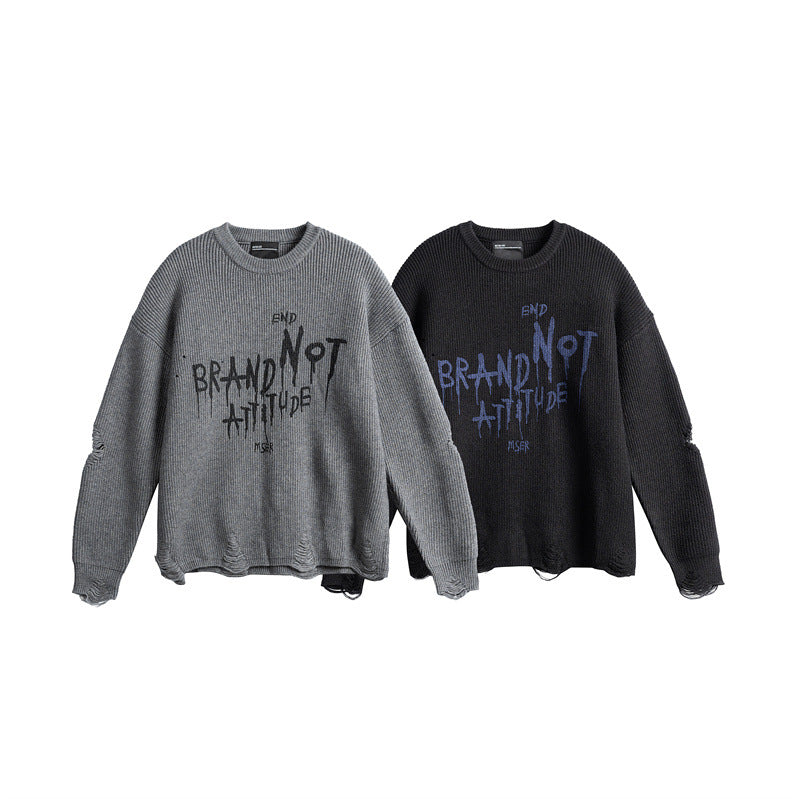 Unisex Oversize Knit Sweater with Destroyed Details and Statement Print EVA-US