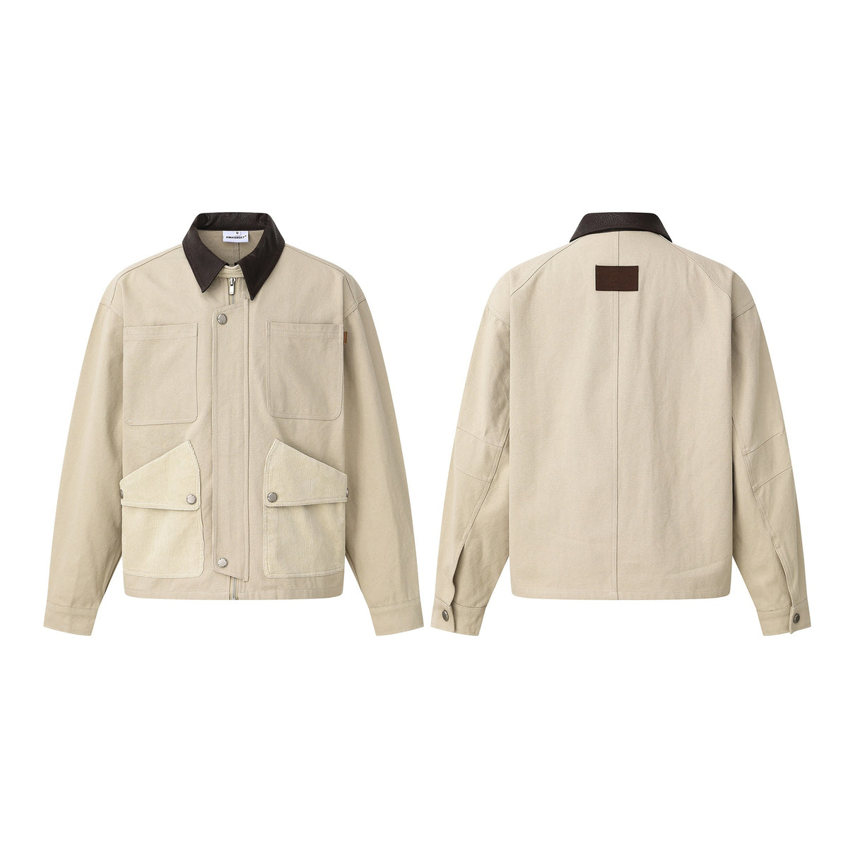 Men's short jacket in field style with cord utility pockets and contrasting leather collar EVA-US