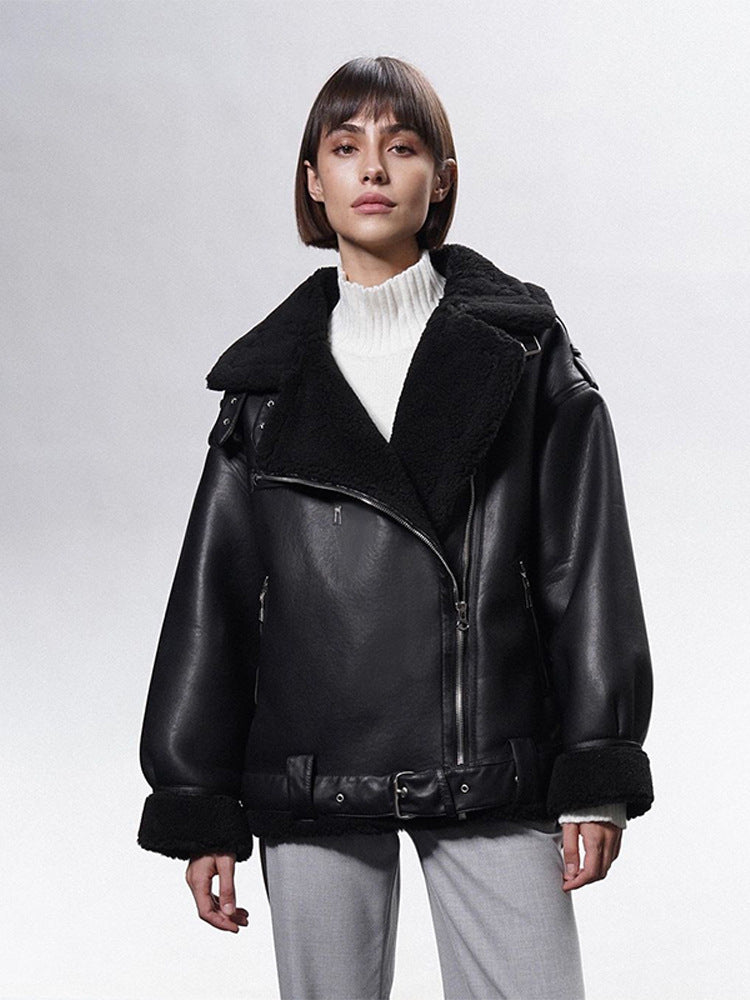 Women's Oversized Biker Jacket with Teddy Fur Lining and Adjustable Belts EVA-US