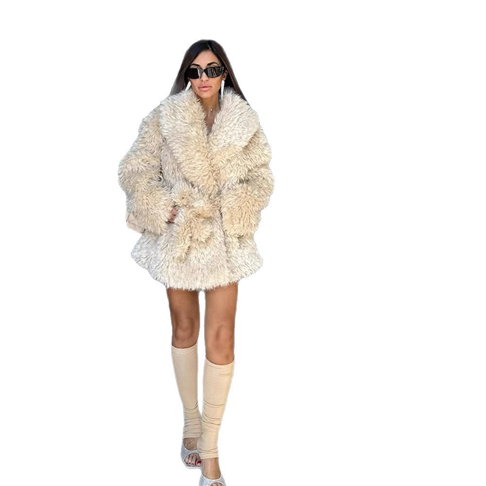 Women Short Cozy Faux Fur Coat with Waist Belt and Voluminous Shawl Collar EVA-US