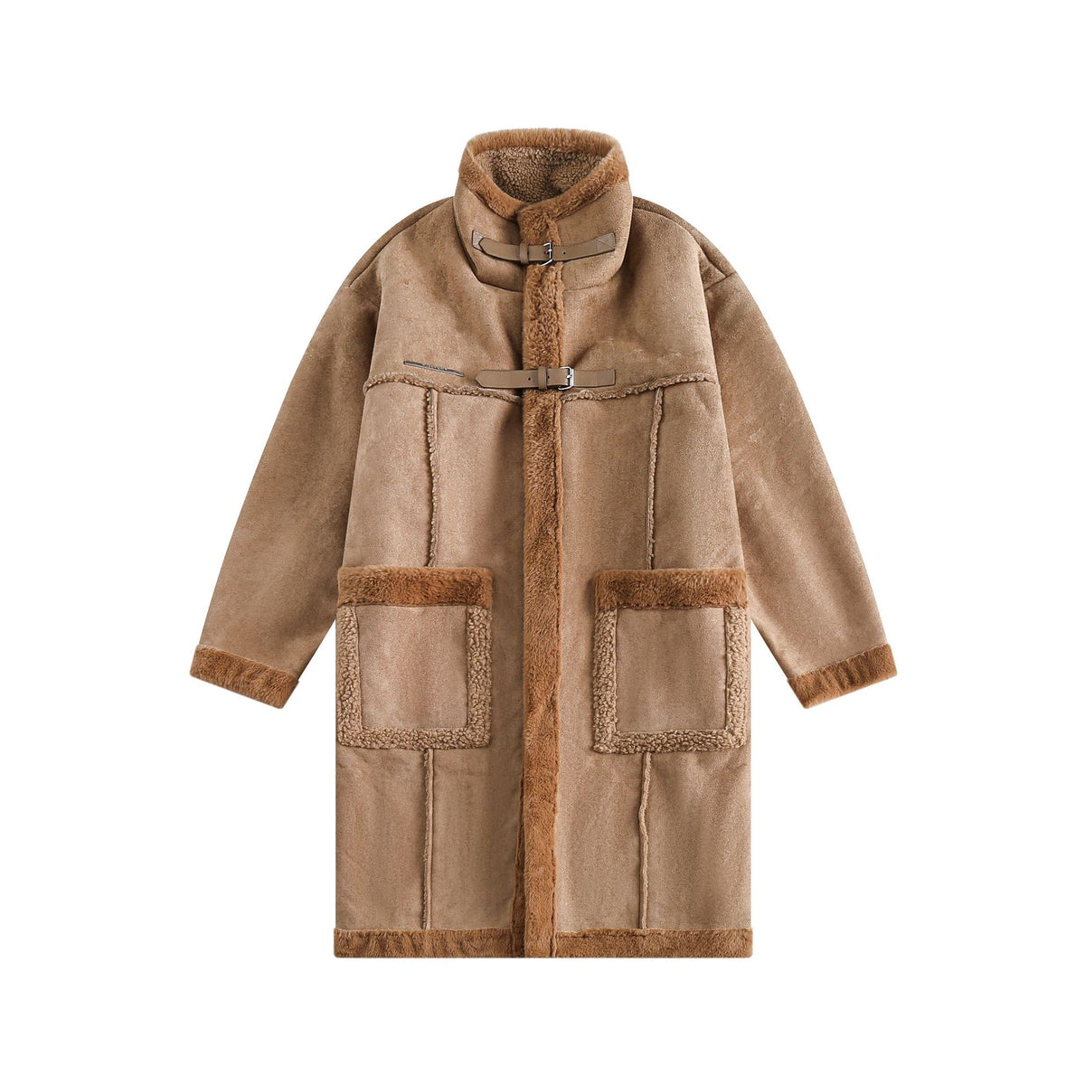 Women Long Oversize Sheepskin Imitation Coat with Stand-up Collar and Buckle Closure EVA-US