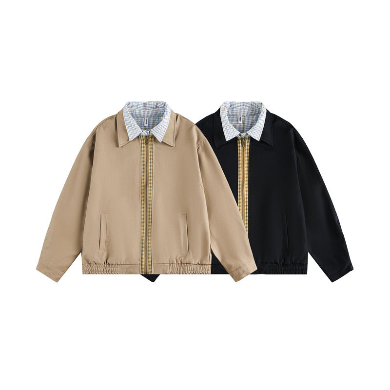 Unisex Boxy bomber jacket with contrasting zipper strip and checked inner collar EVA-US