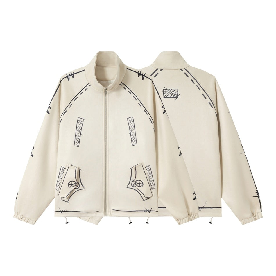 Unisex Oversize Fleece Jacket with Stand-Up Collar and Graphic Sketch Print EVA-US