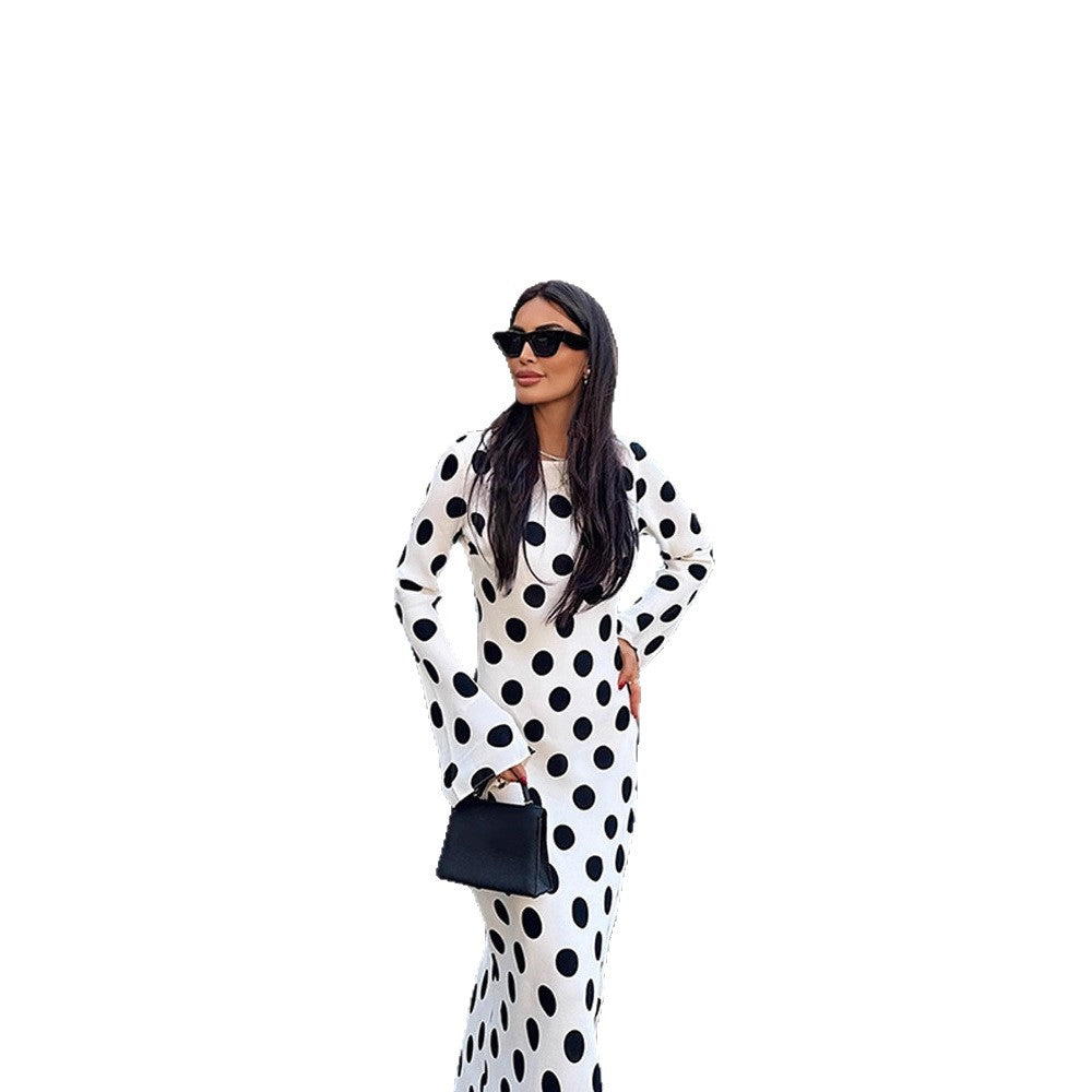 Women's Figure-Hugging Polka Dot Maxi Dress with Trumpet Sleeves & Round Neckline EVA-US