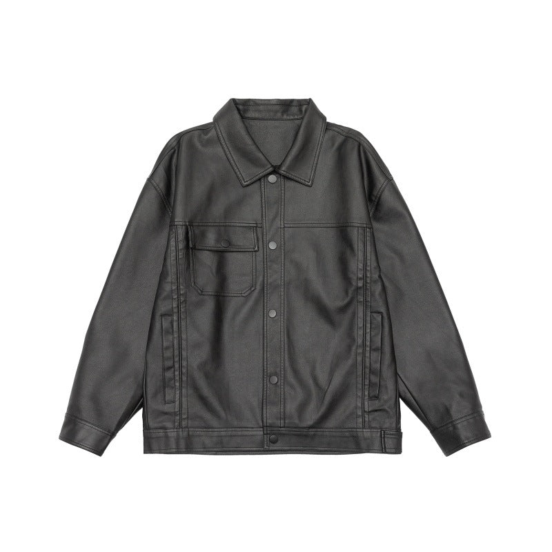 Men's loosely cut overshirt in vintage leather look with snap button front and breast flap EVA-US