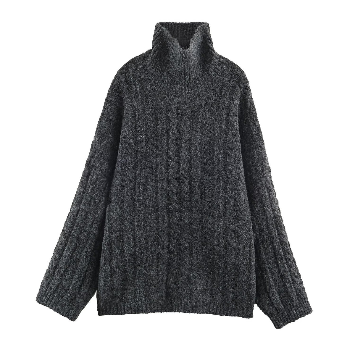 Women's Chunky Knit Oversized Sweater with High Turtleneck and Cable Pattern EVA-US