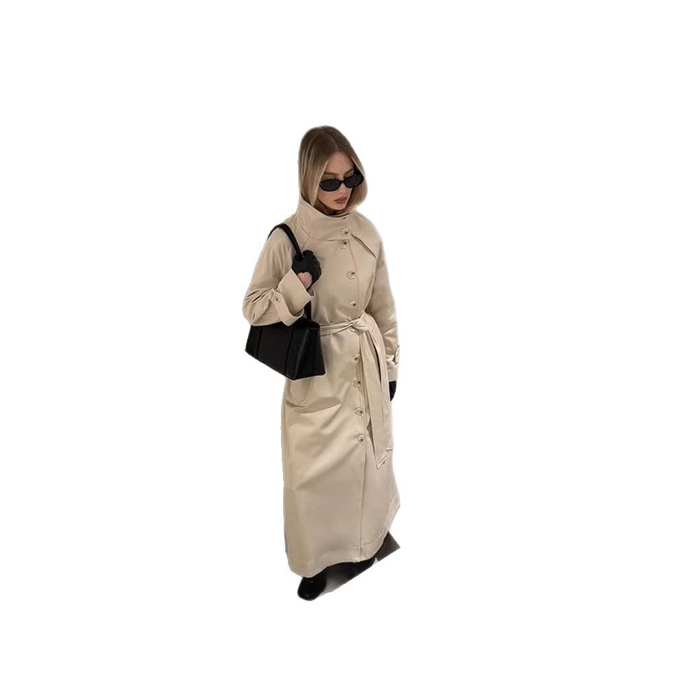 Women's Maxi Length Trench Coat with High Stand-Up Collar, Double-Breasted Button Placket and Tie Belt EVA-US
