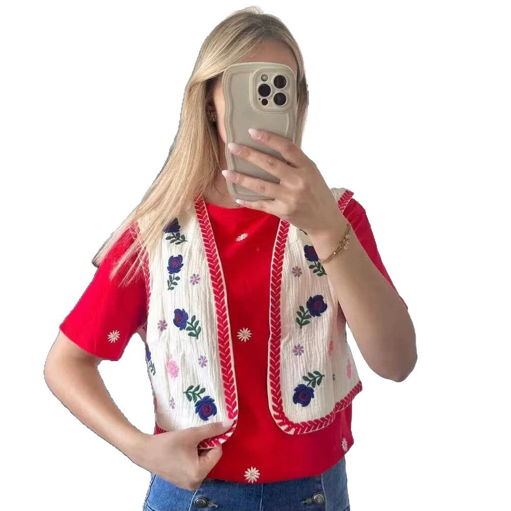Women's Embroidered Short Vest in Boho Chic with Floral Applications EVA-US