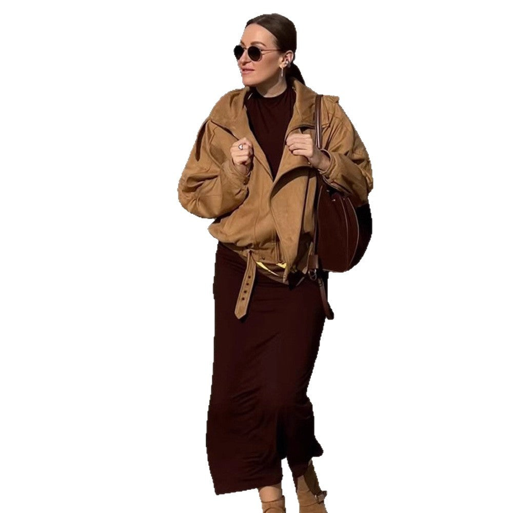 Women's Oversized Suede Leather Bomber Jacket with Epaulettes and Adjustable Waist EVA-US