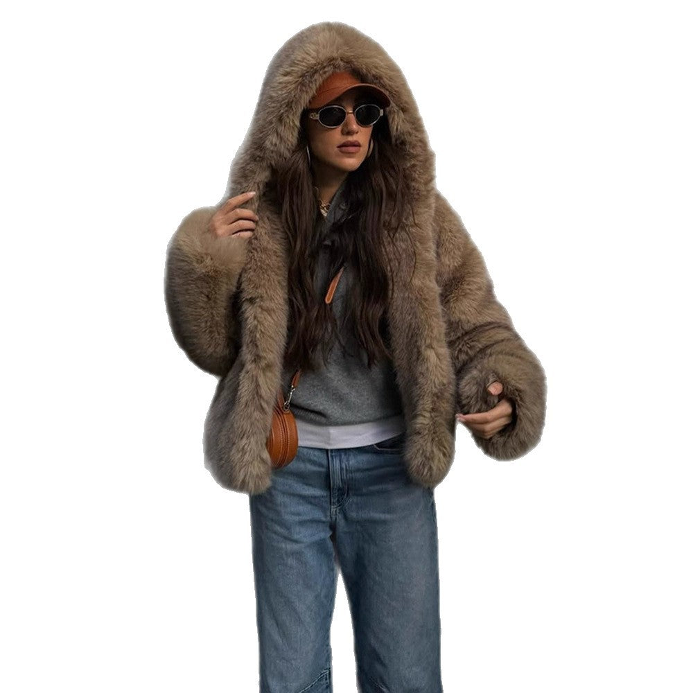 Women's Boxy Faux Fur Jacket in Teddy Look with Oversized Shawl Collar EVA-US