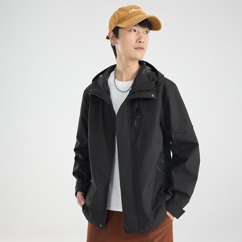 Men's lightweight breathable two-layer rain softshell jacket with adjustable hood and chest pocket EVA-US