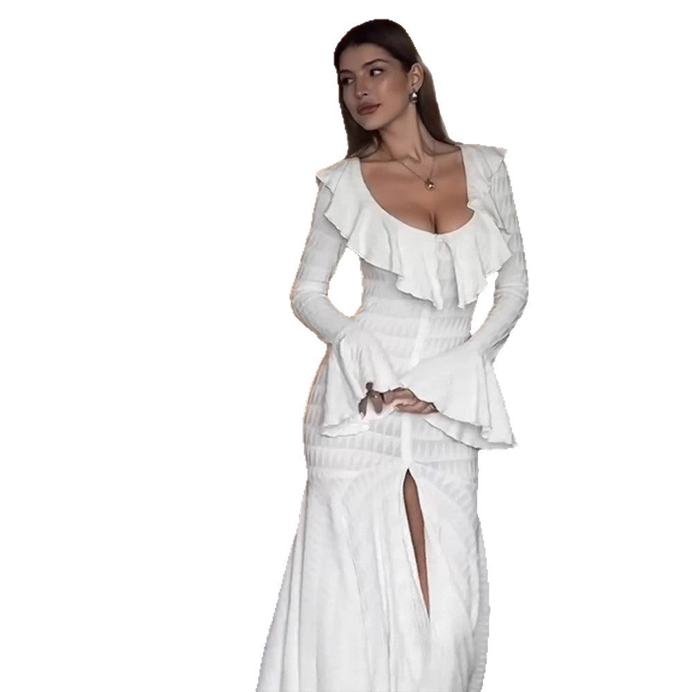 Women's Figure-Hugging Maxi Dress with Ruffle Neckline, Bell Sleeves, and Split EVA-US