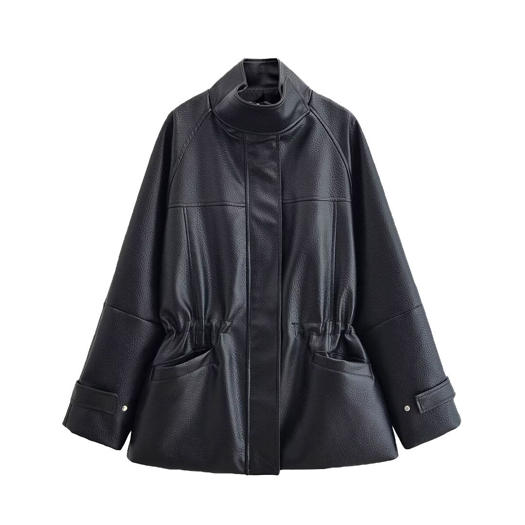 Women's Oversize Faux Leather Jacket with Stand-Up Collar, Drawstring Waist and Patch Pockets EVA-US