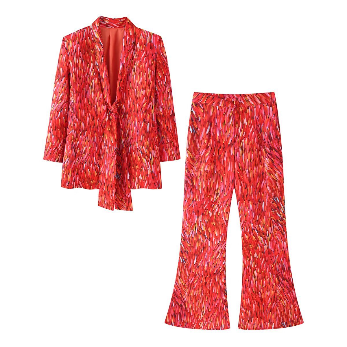 Women's Two-Piece Blazer and Flared Pants Set with Knot Detail EVA-US