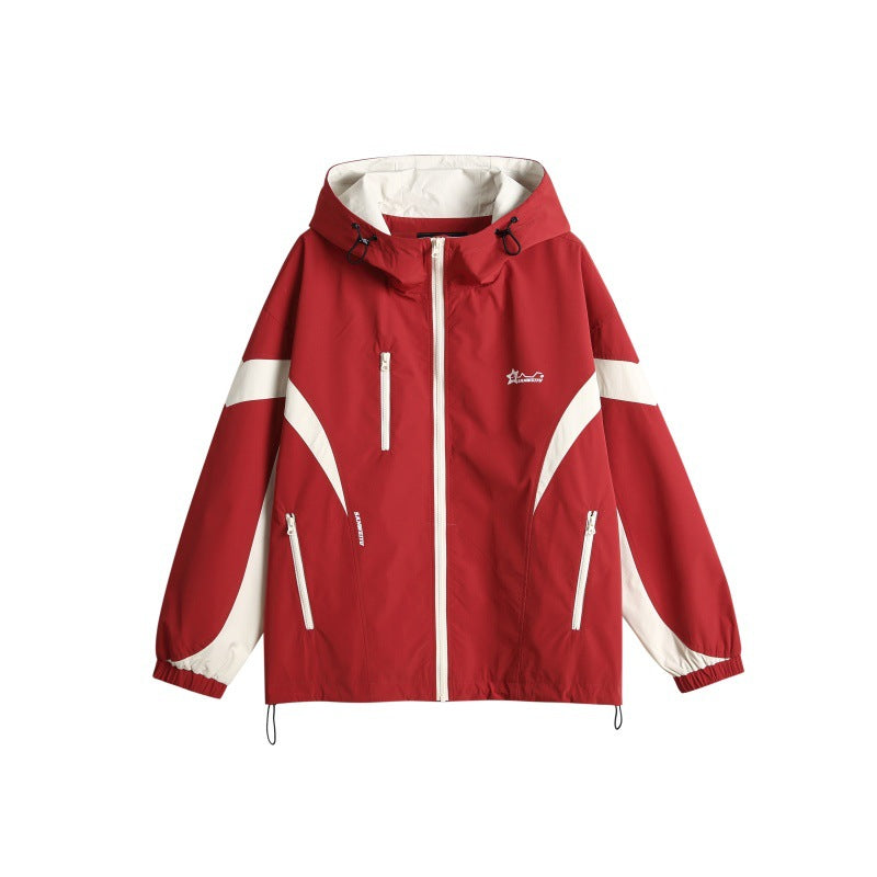 Unisex Technical Hooded Windbreaker Jacket in Boxy Cut with Contrasting Panels and Water-Repellent Zippers EVA-US