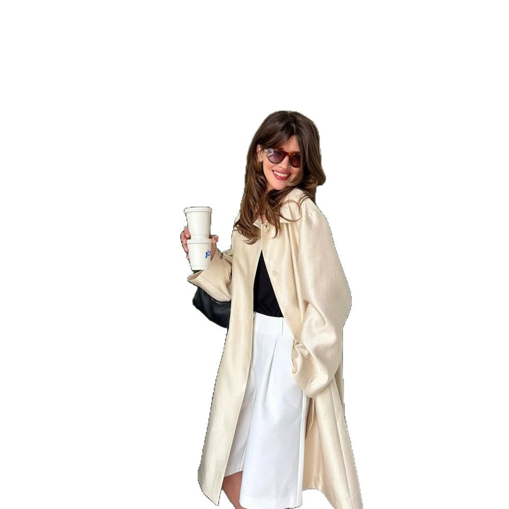 Women Lightweight Satin-Effect Long Coat with Boxy Oversize Silhouette EVA-US