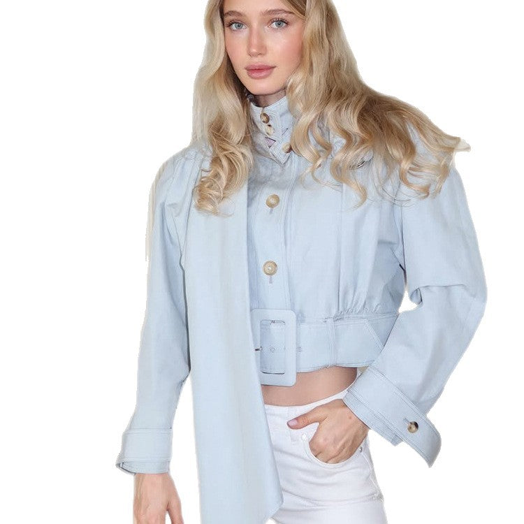 Women Tailored Cropped Jacket with Extra Long Tie & Wide Waist Belt EVA-US