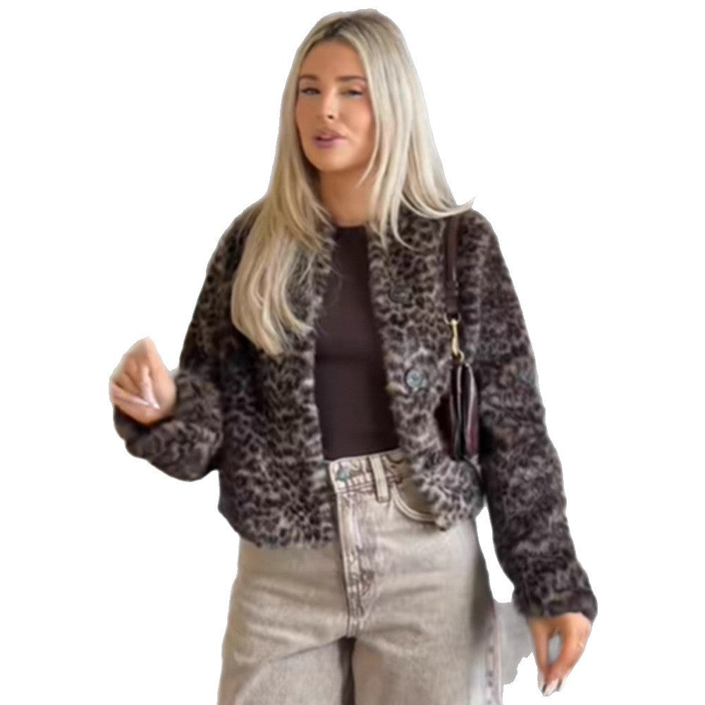 Women Short Cut Faux Fur Blouson with Leopard Print and Boxy Silhouette EVA-US