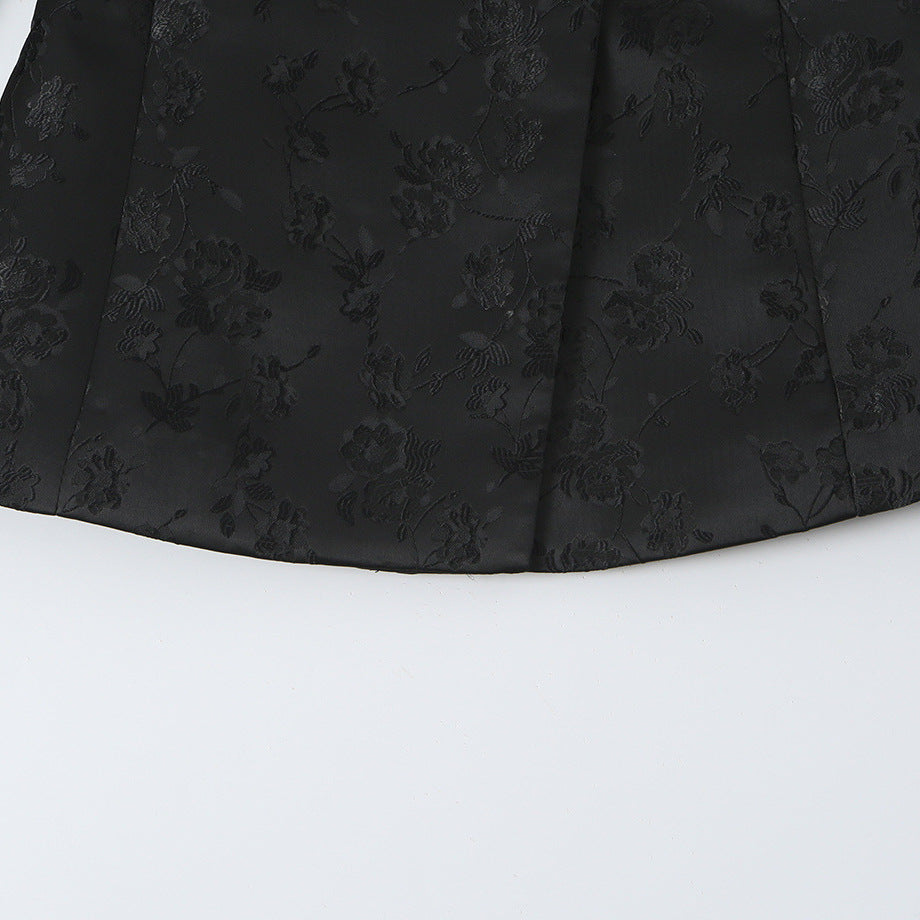 Women's Tailored Jacquard Blazer Jacket with Mandarin Collar and Decorative Knot Closure EVA-US