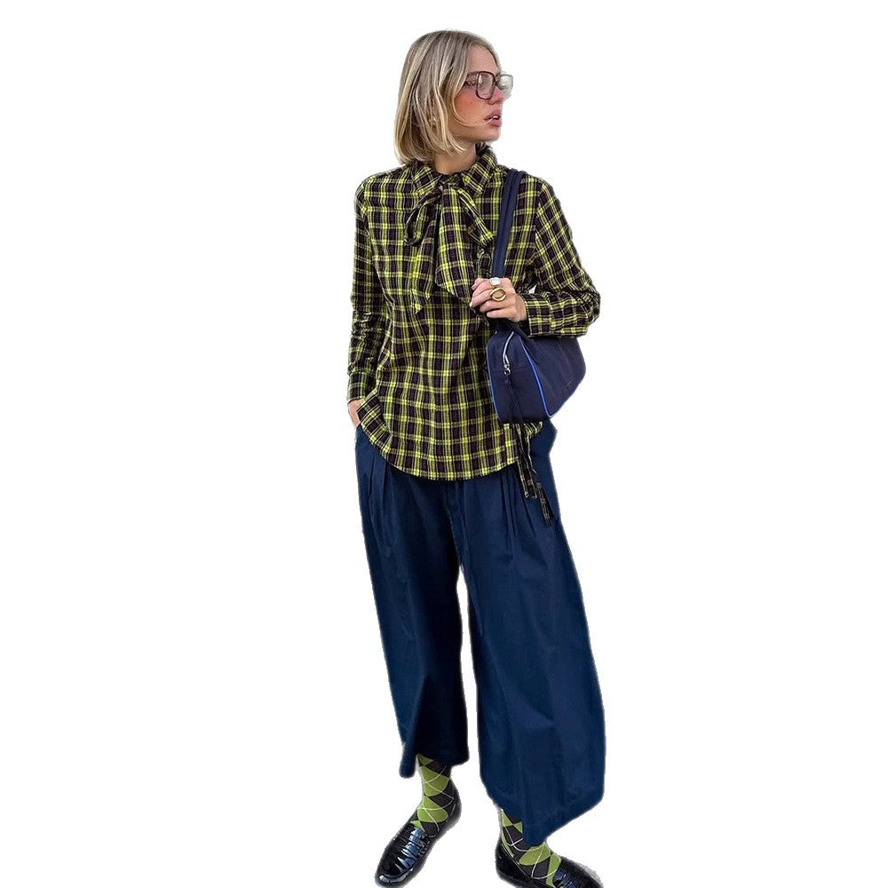 Women's Checked Shirt Blouse with Drawstring Waist and Loose Fit EVA-US