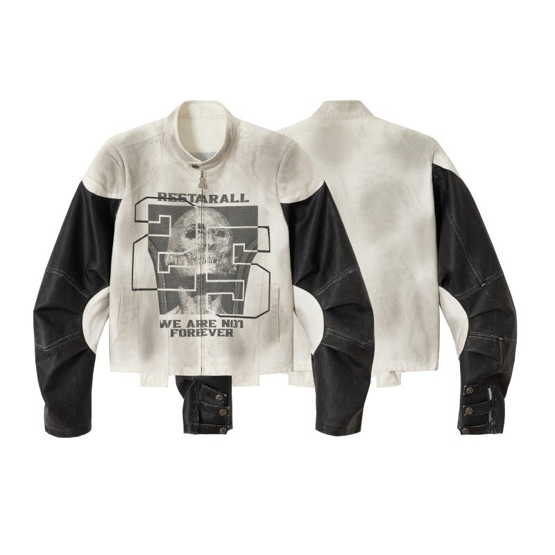 Unisex Short Cut Boxy Biker Jacket in Vintage Leather Look with Graphic Skull Print and Stand-up Collar EVA-US