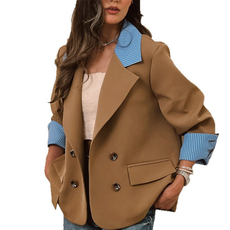 Women Oversized double-breasted blazer with contrast collar & cuffed sleeves EVA-US
