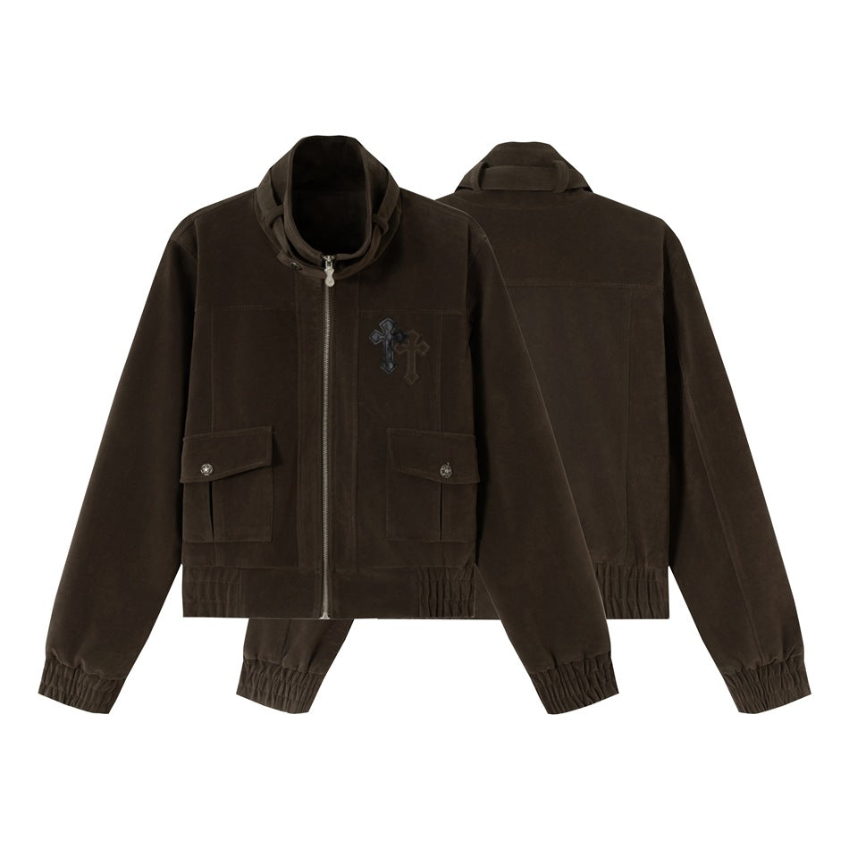 Men's short cut velour blouson jacket with funnel collar, patch pockets, and decorative cross application EVA-US