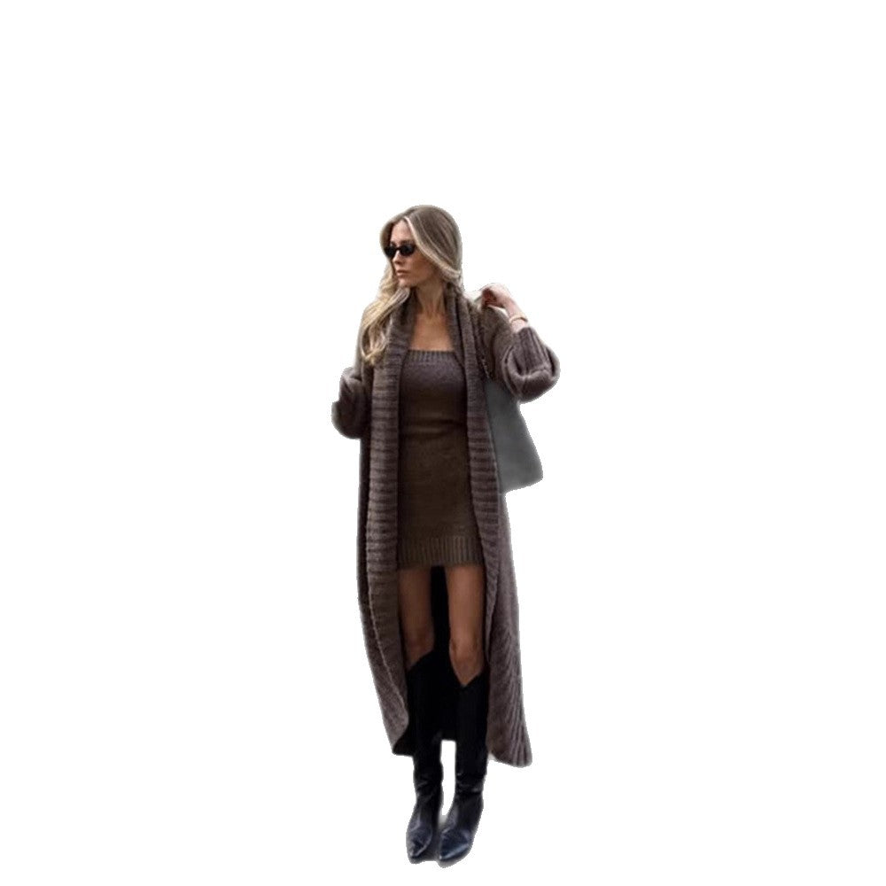 Women's Knit Set Maxi Cardigan with Oversized Shawl Collar and Fitted Strappy Dress EVA-US