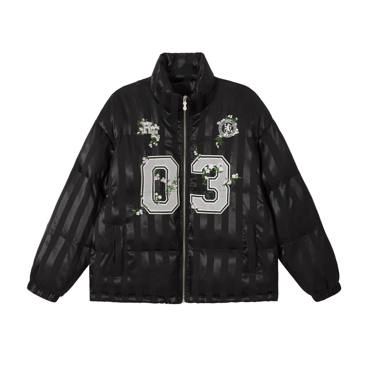Women's Boxy Quilted Satin Puffer Jacket with Floral Embroidery Detail EVA-US