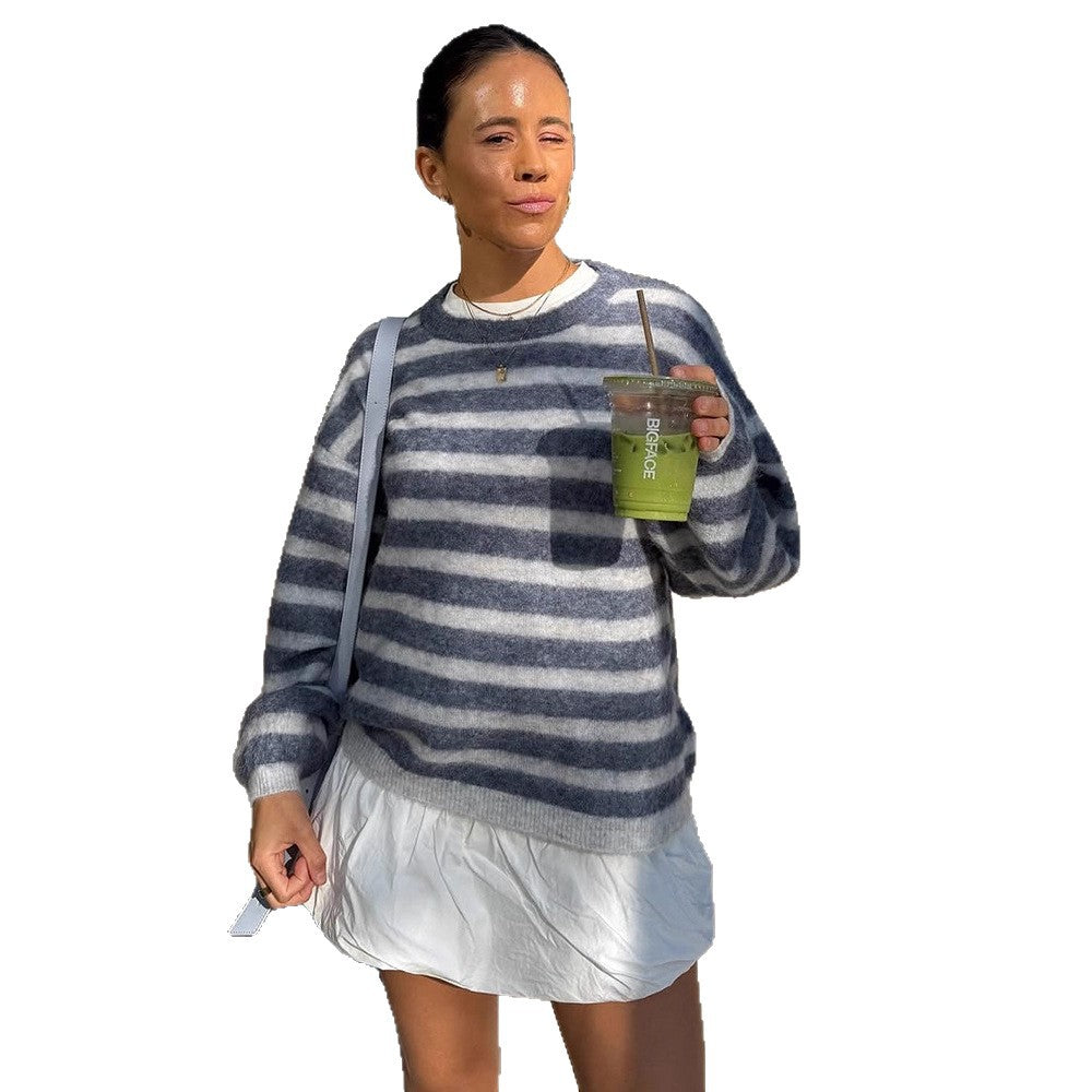 Women Striped Mohair Mix Oversize Sweater with Balloon Sleeves EVA-US