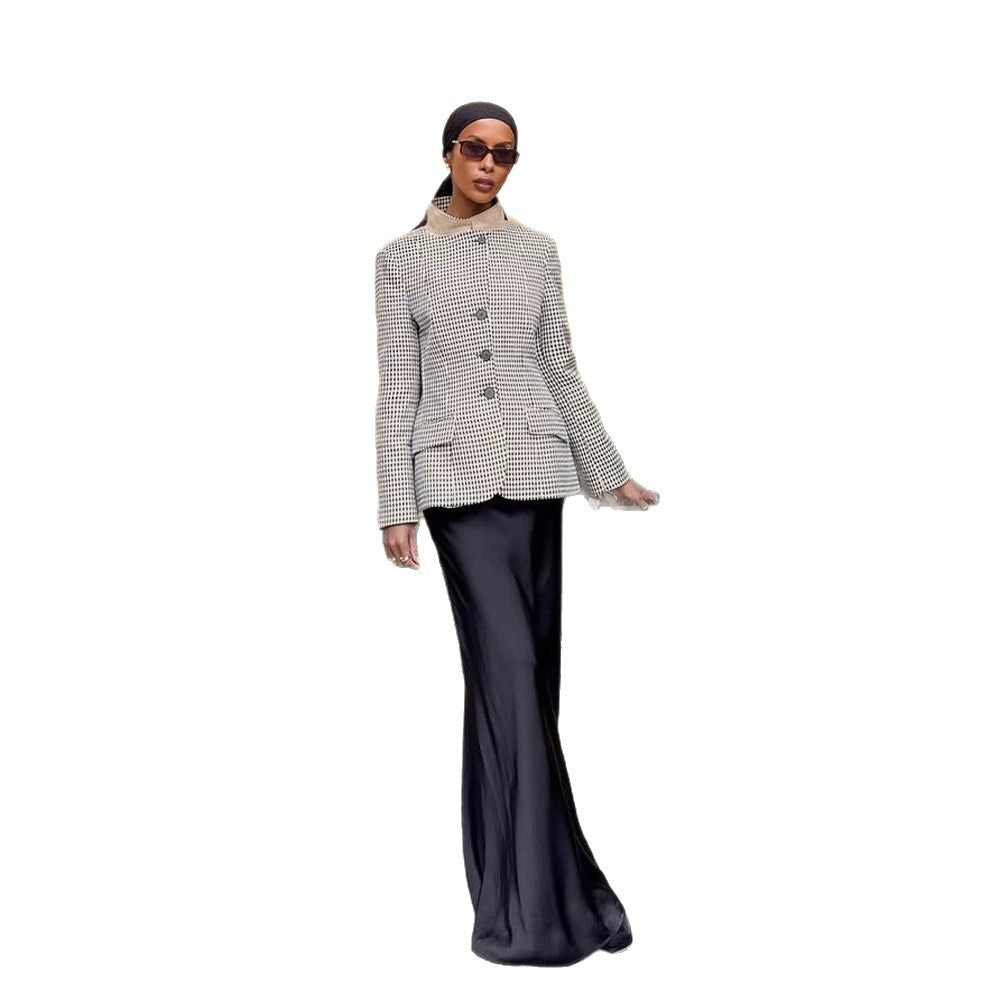 Women's Tailored Short Blazer in Vichy Check with Stand Collar and Curved Hem EVA-US