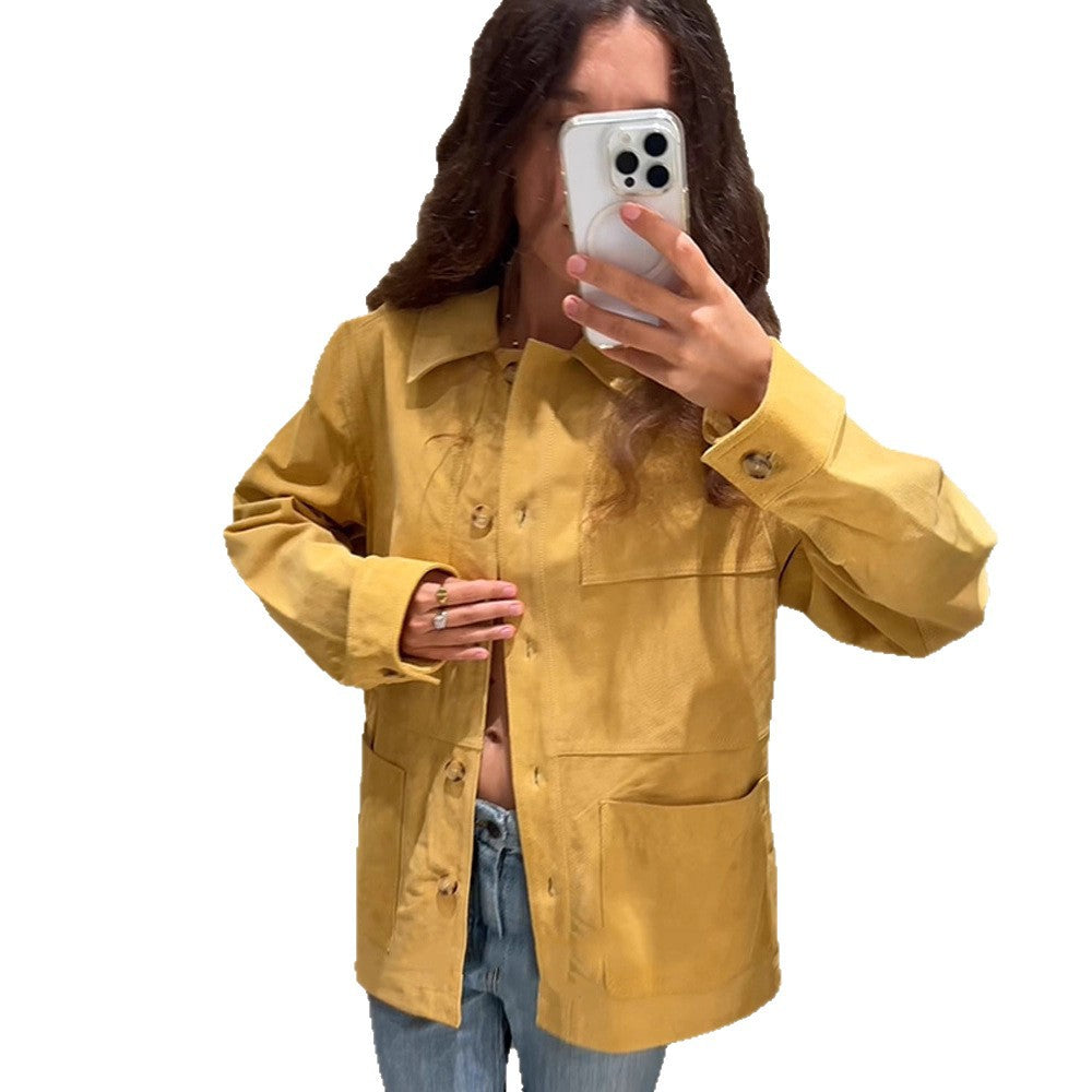 Women's Oversized Cotton Worker Jacket with Patch Pockets EVA-US