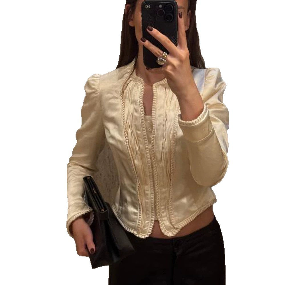 Women Tailored Cropped Blazer with Sculpted Shoulder and Decorative Trimmings EVA-US