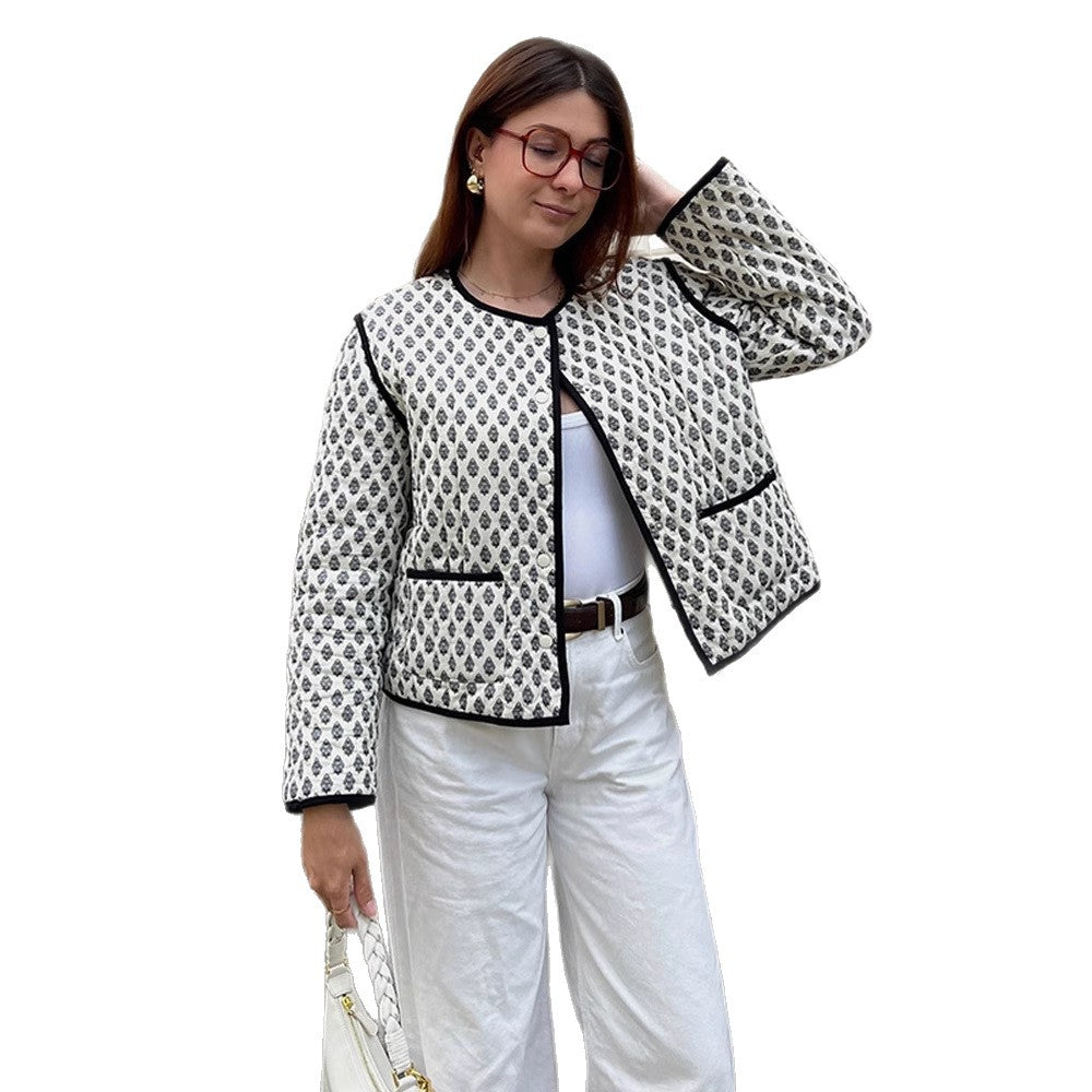 Women's quilted short jacket with allover pattern and contrasting piping EVA-US