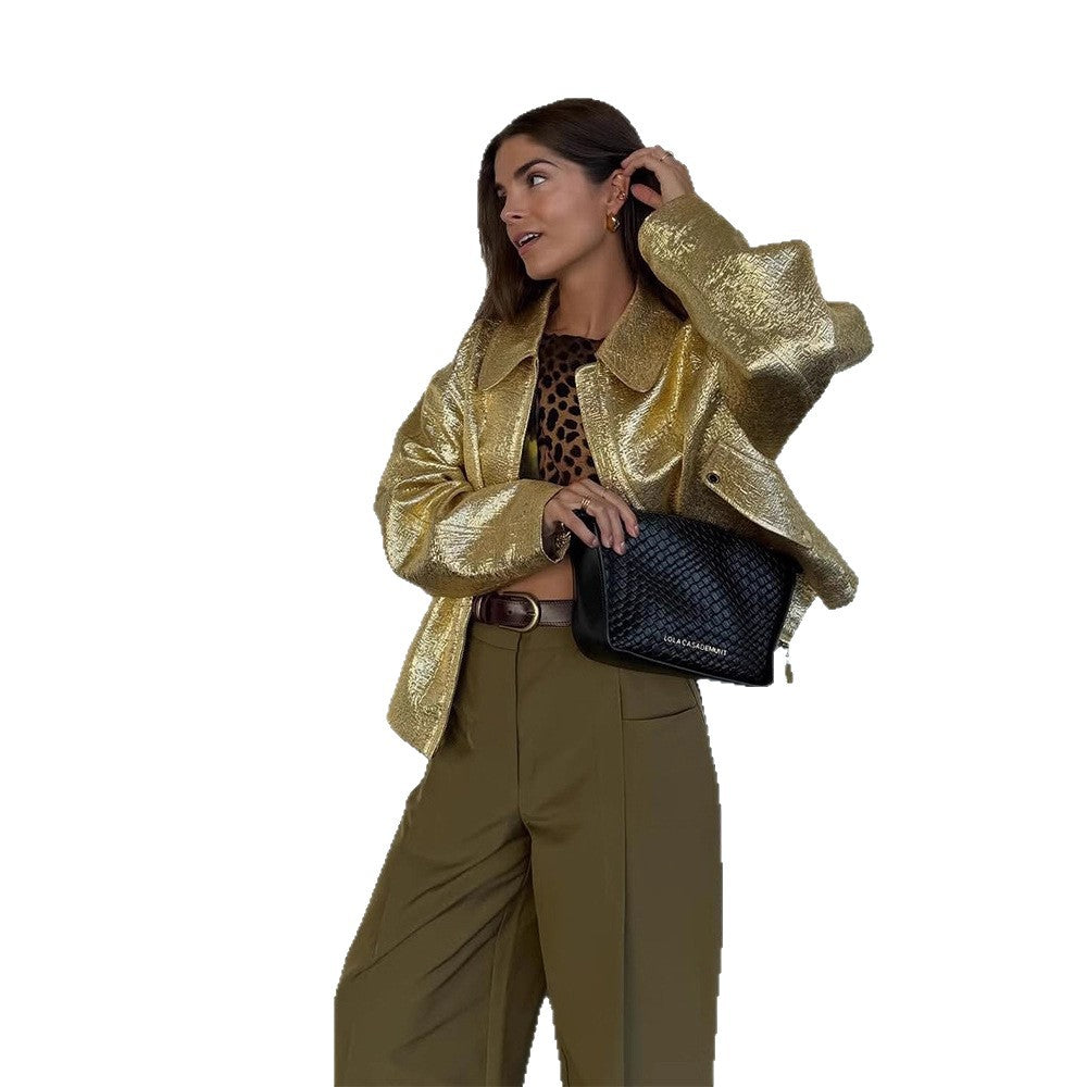 Women Short Textured Metallic Bomber Jacket with Boxy Silhouette EVA-US