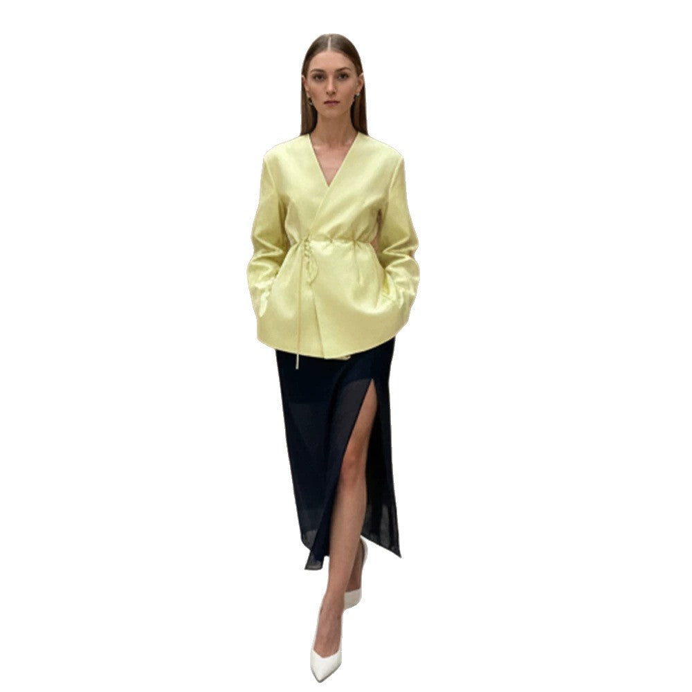 Women's wrap blazer with drawstring and wide culotte pants two-piece EVA-US