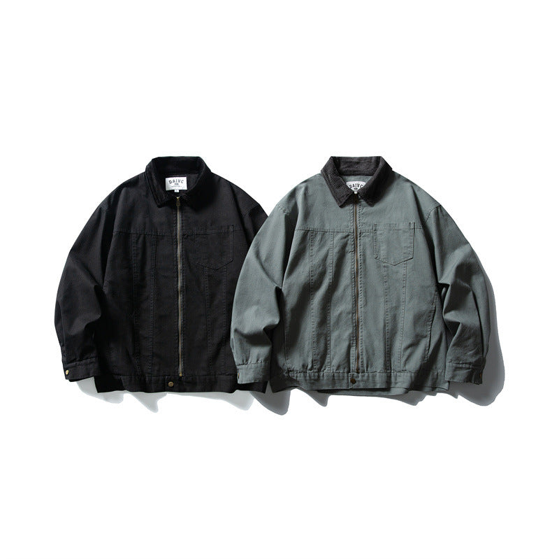 Men's Boxy Canvas Blouson Jacket with Cord Collar and Full-Length Zipper EVA-US