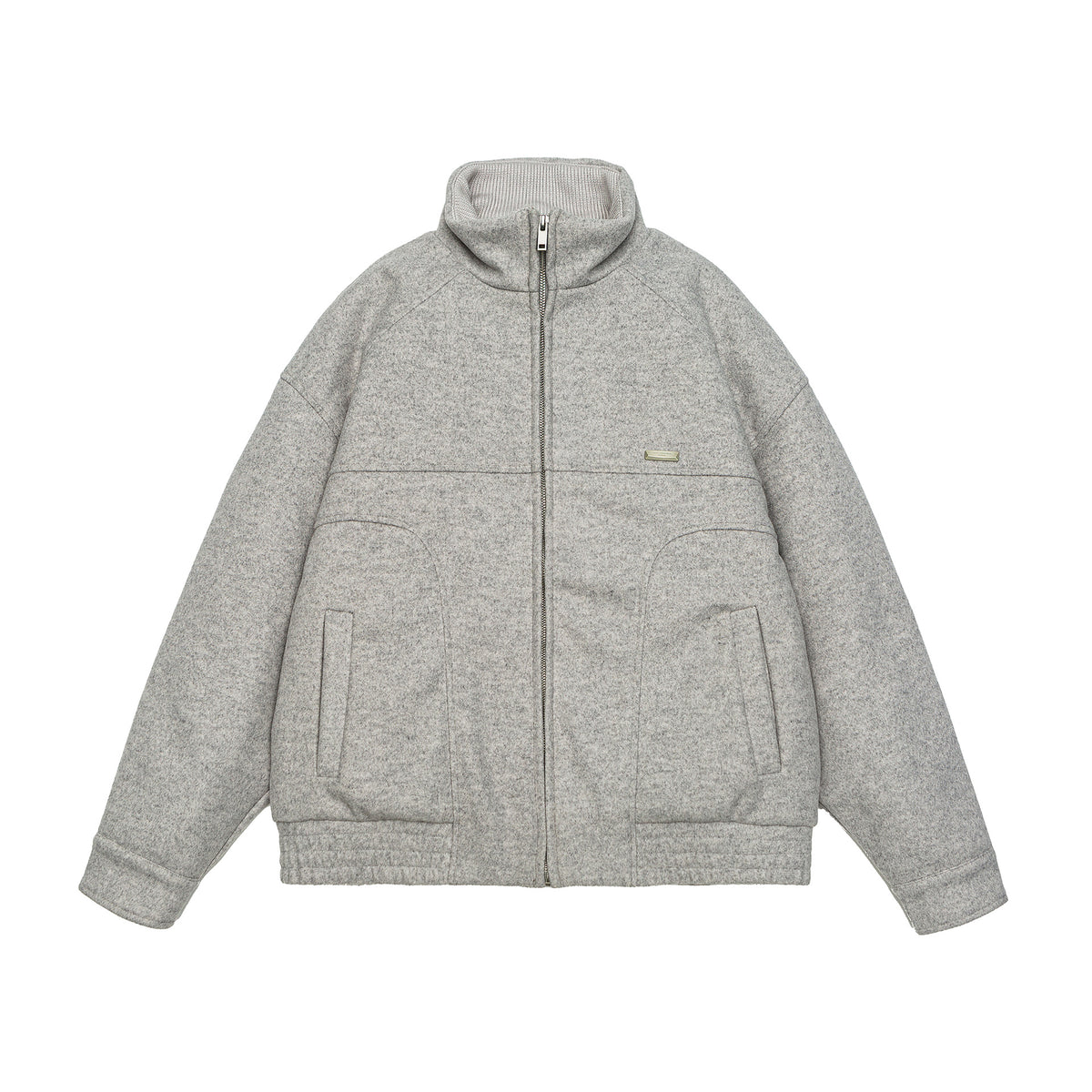 Men's short-cut boxy wool fleece jacket with high stand-up collar and full-length zipper EVA-US