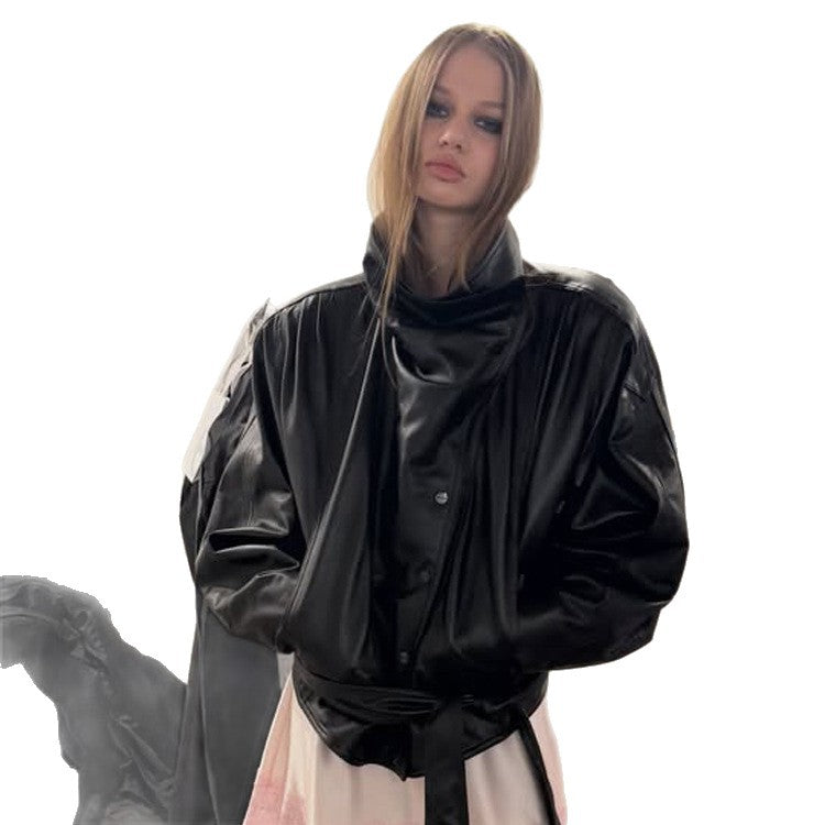Women's Oversized Faux Leather Bomber Jacket with High Stand Collar and Waist Belt EVA-US