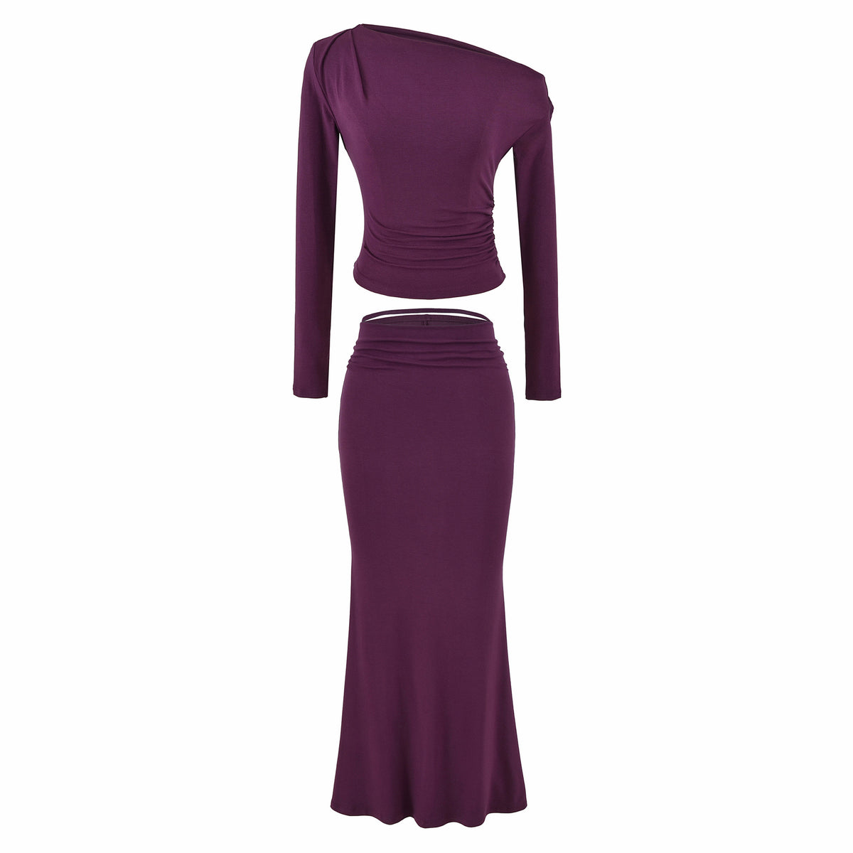 Women's One-Shoulder Two-Piece Set with Ruched Crop Top and Fitted Maxi Skirt EVA-US