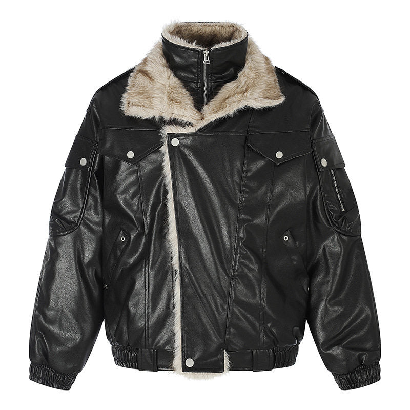 Ladies Oversized Faux Leather Flight Jacket with Teddy Lining and Stand-up Collar EVA-US