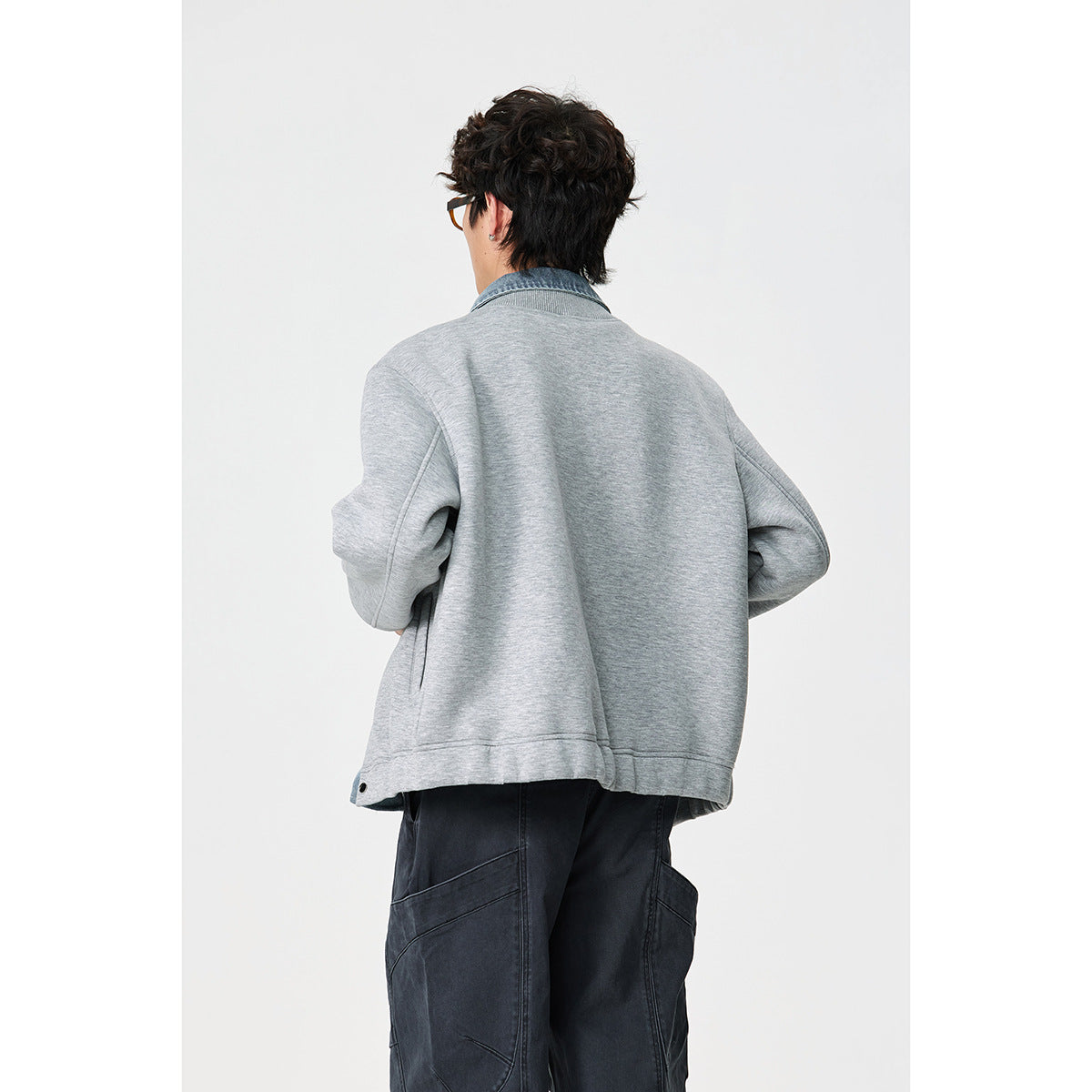 Unisex Layered Look Boxy Blouson with integrated Denim Collar and Snap Button Placket EVA-US