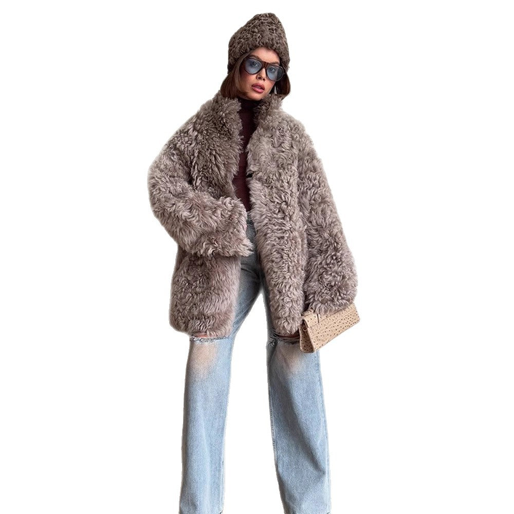 Women Oversize Faux Fur Coat with Curly Teddy Look and Wide Boxy Silhouette EVA-US