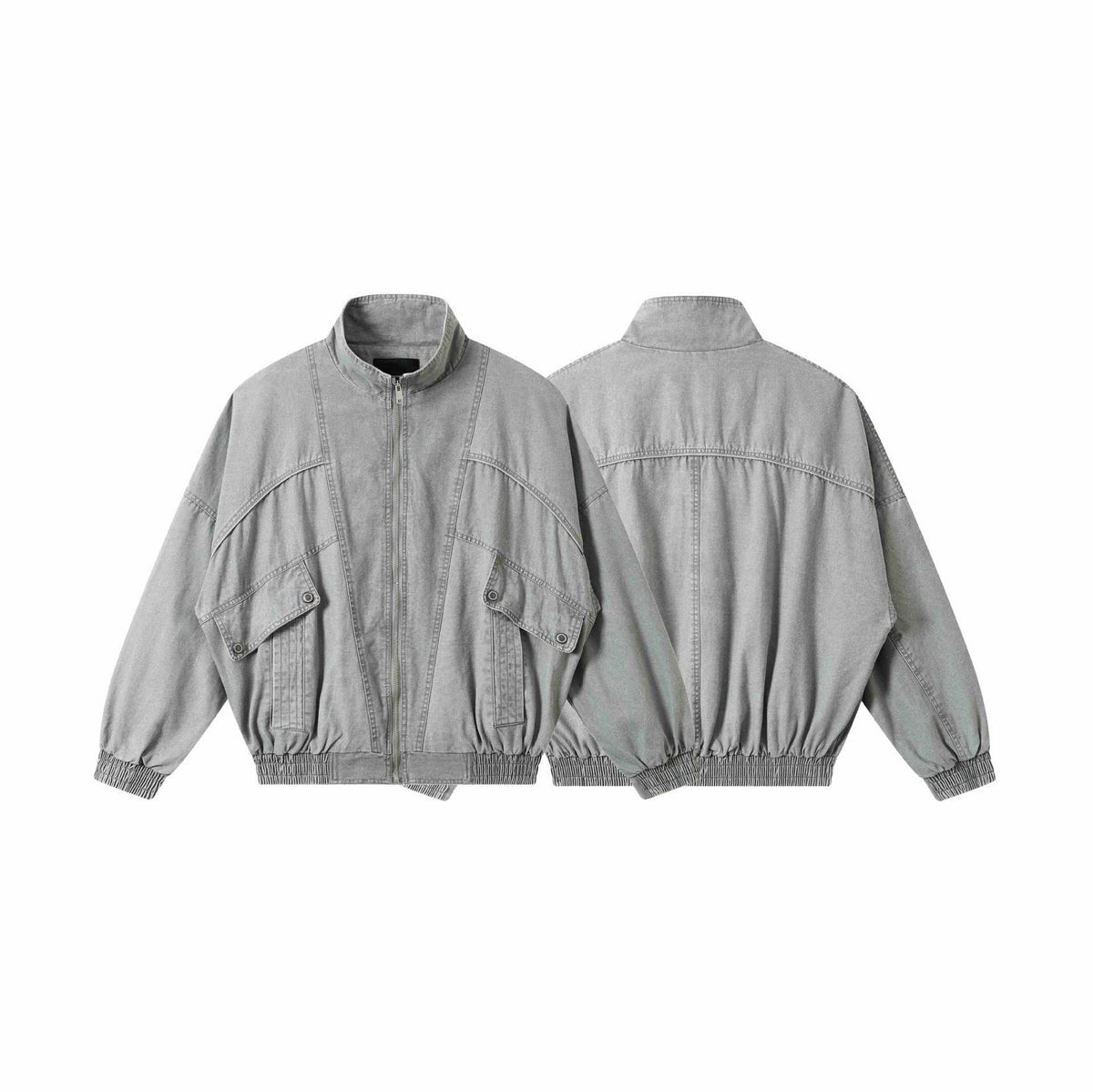 Unisex Short Cut Washed Canvas Utility Jacket with High Stand-Up Collar EVA-US