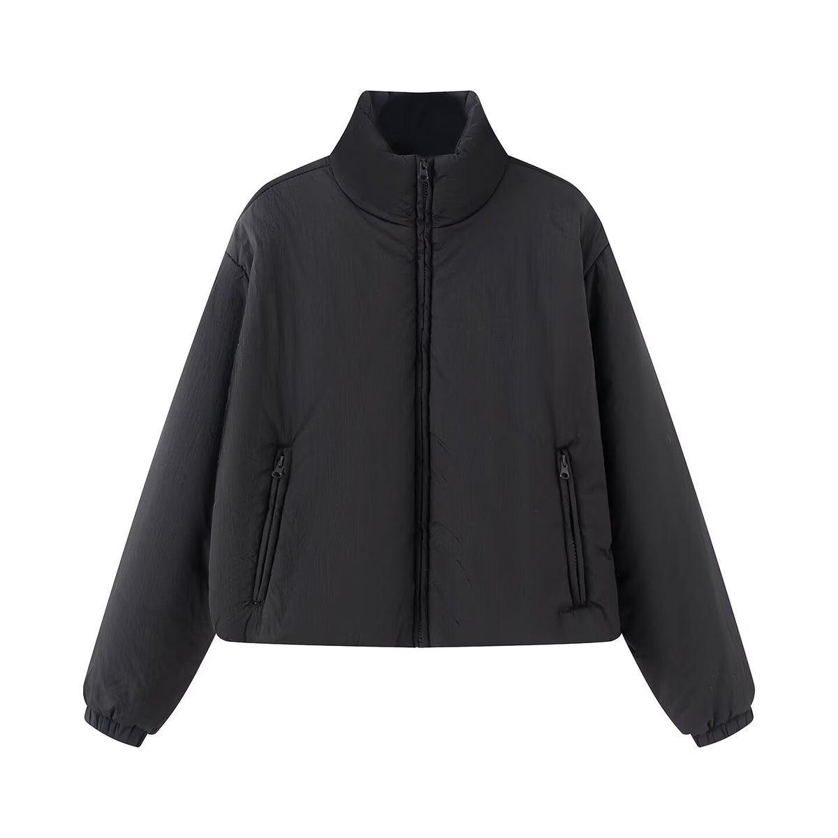 Women's Short Quilted Jacket with High Stand-Up Collar and Zipper Pockets EVA-US