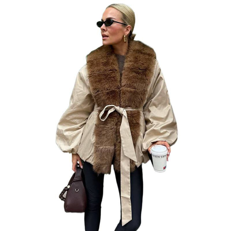 Women Short Tailored Jacket with Fur Collar and Balloon Sleeves EVA-US