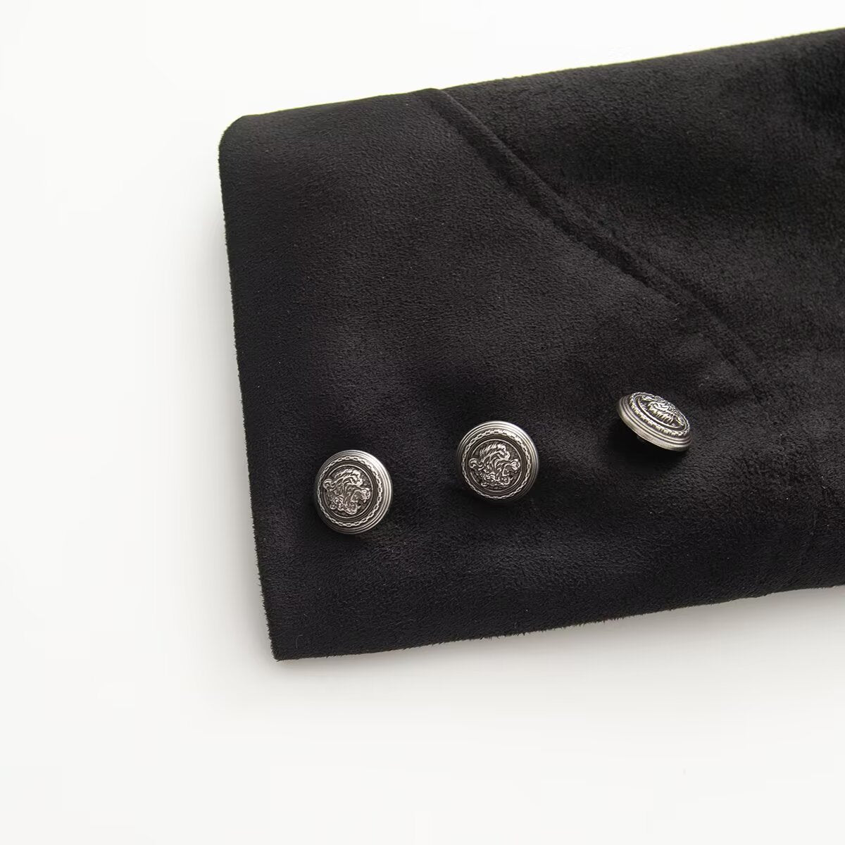 Women's short uniform-inspired jacket with high stand-up collar, double button placket and decorative cuffs EVA-US