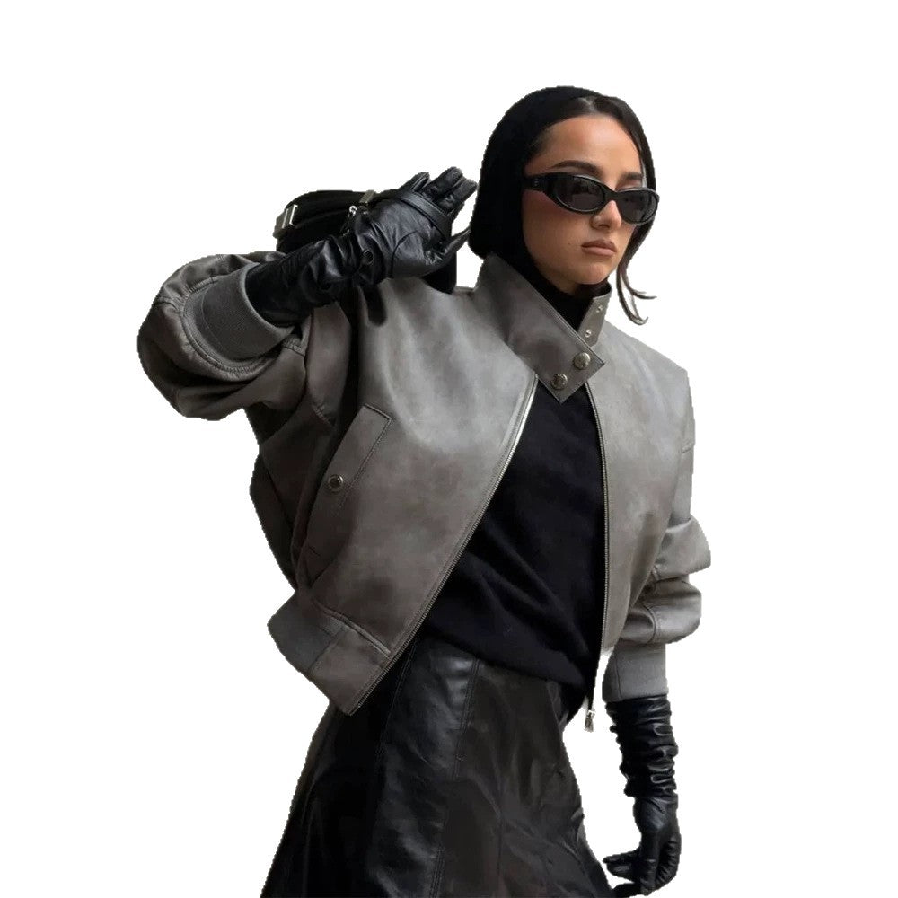 Women Short Oversized Faux Leather Bomber with High Stand-Up Collar and Snap Button Details EVA-US