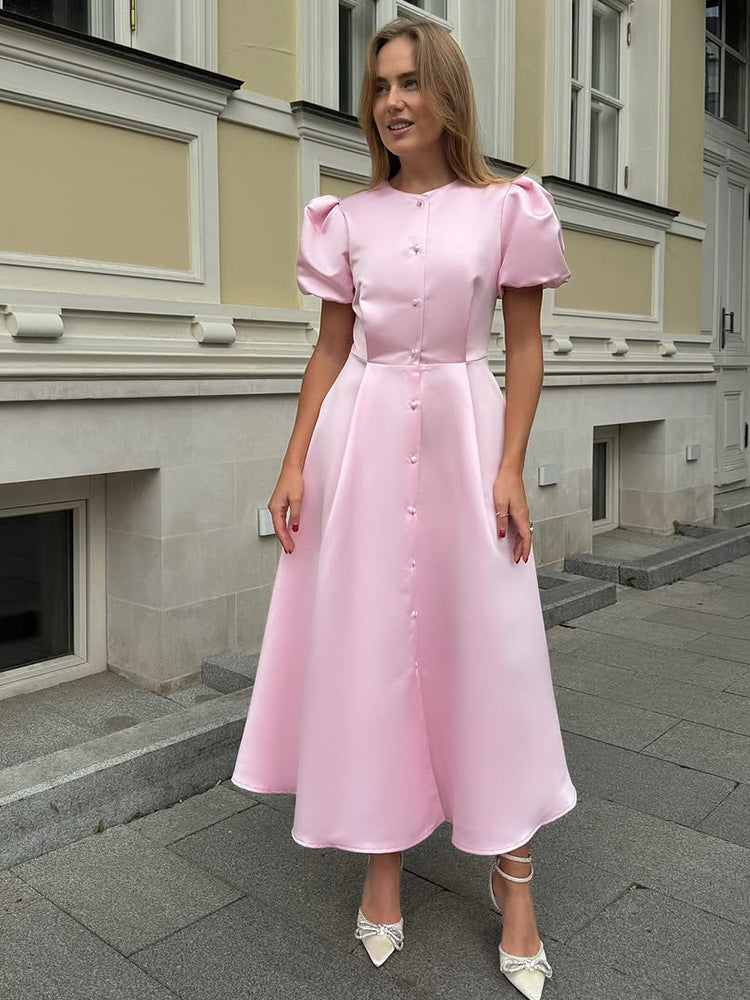 Ladies' midi dress made of satin with voluminous puff sleeves, fitted A-line and continuous button placket EVA-US