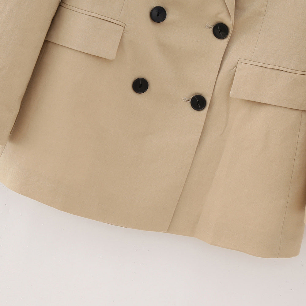 Women's Double-Breasted Long Blazer in Minimalist Tailoring Style with Peak Lapel EVA-US